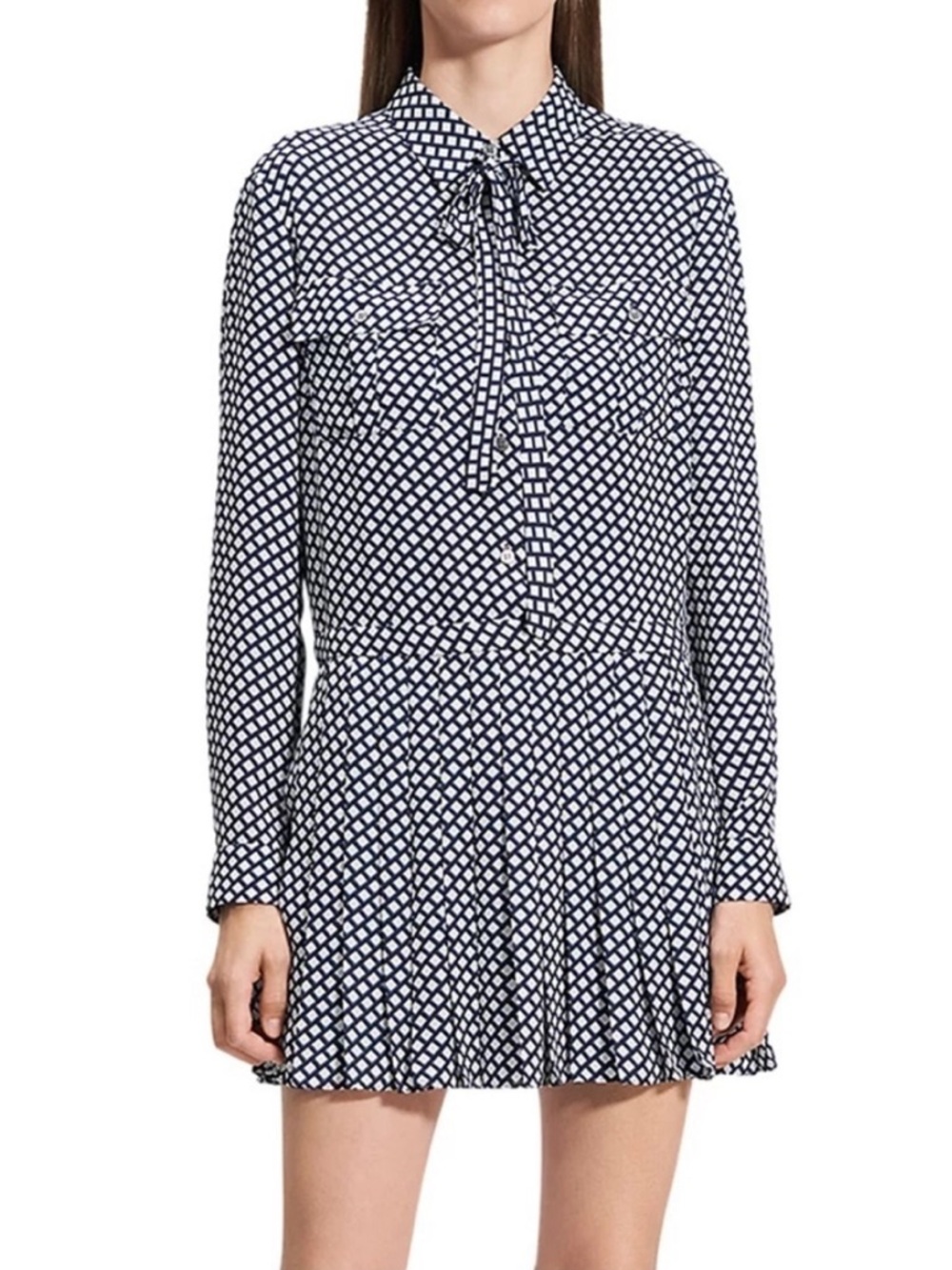 Theory Long-Sleeve Pleated Mini Shirt Dress Size Xs Blue Gray White Tie New Nwt